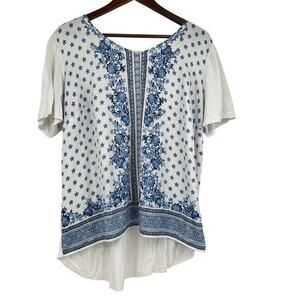Talbots blue white plus size high low damask pullover floral blouse top size 2X